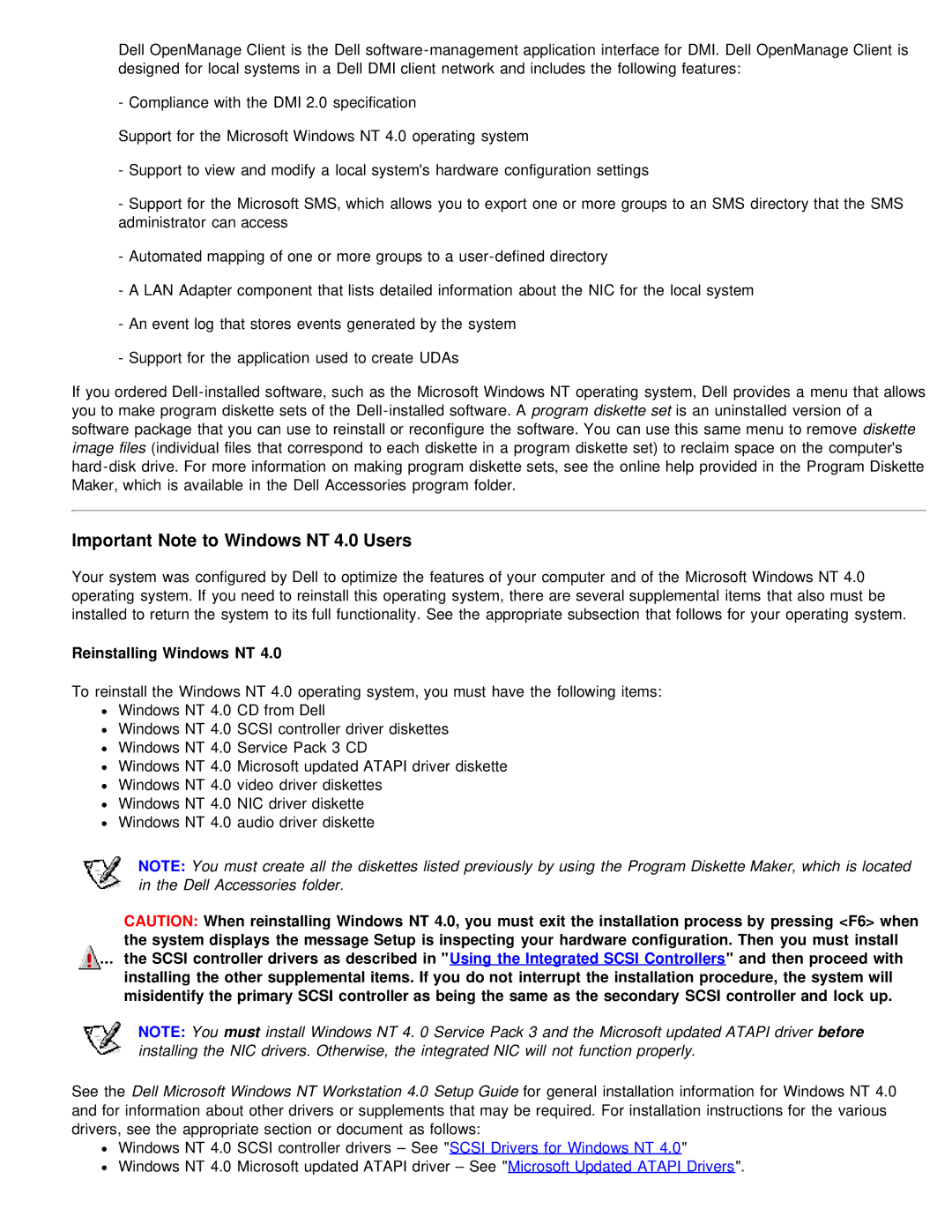 Dell 610 technical specifications Important Note to Windows NT 4.0 Users, Reinstalling Windows NT 