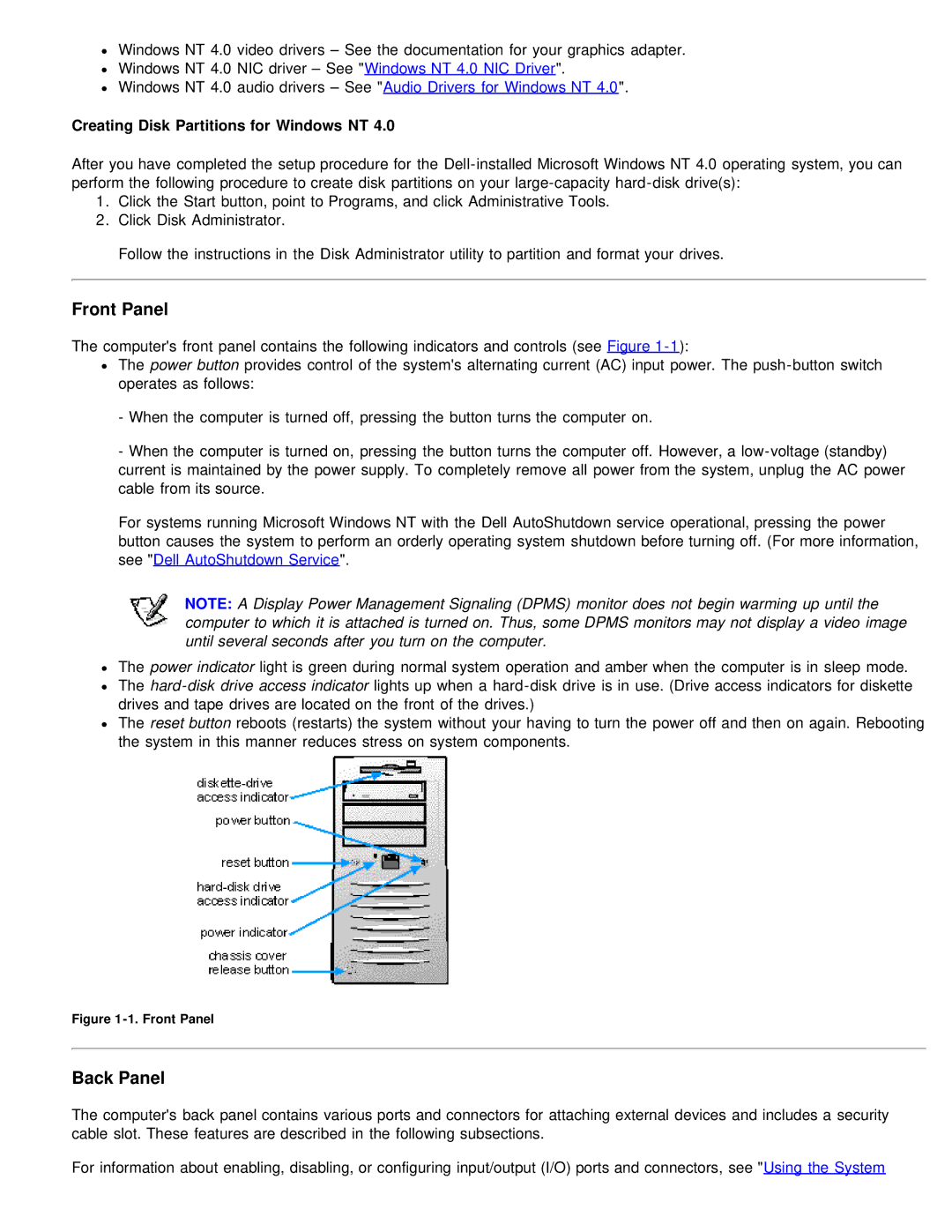 Dell 610 technical specifications Front Panel, Back Panel, Creating Disk Partitions for Windows NT 