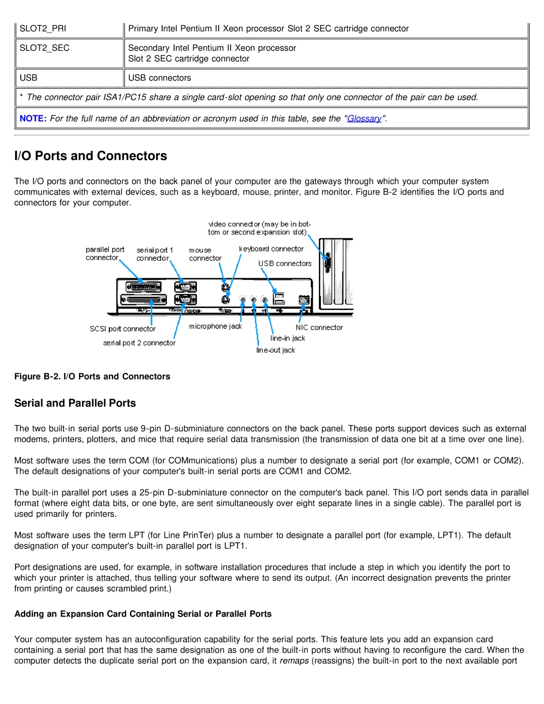 Dell 610 technical specifications Ports and Connectors, Serial and Parallel Ports 