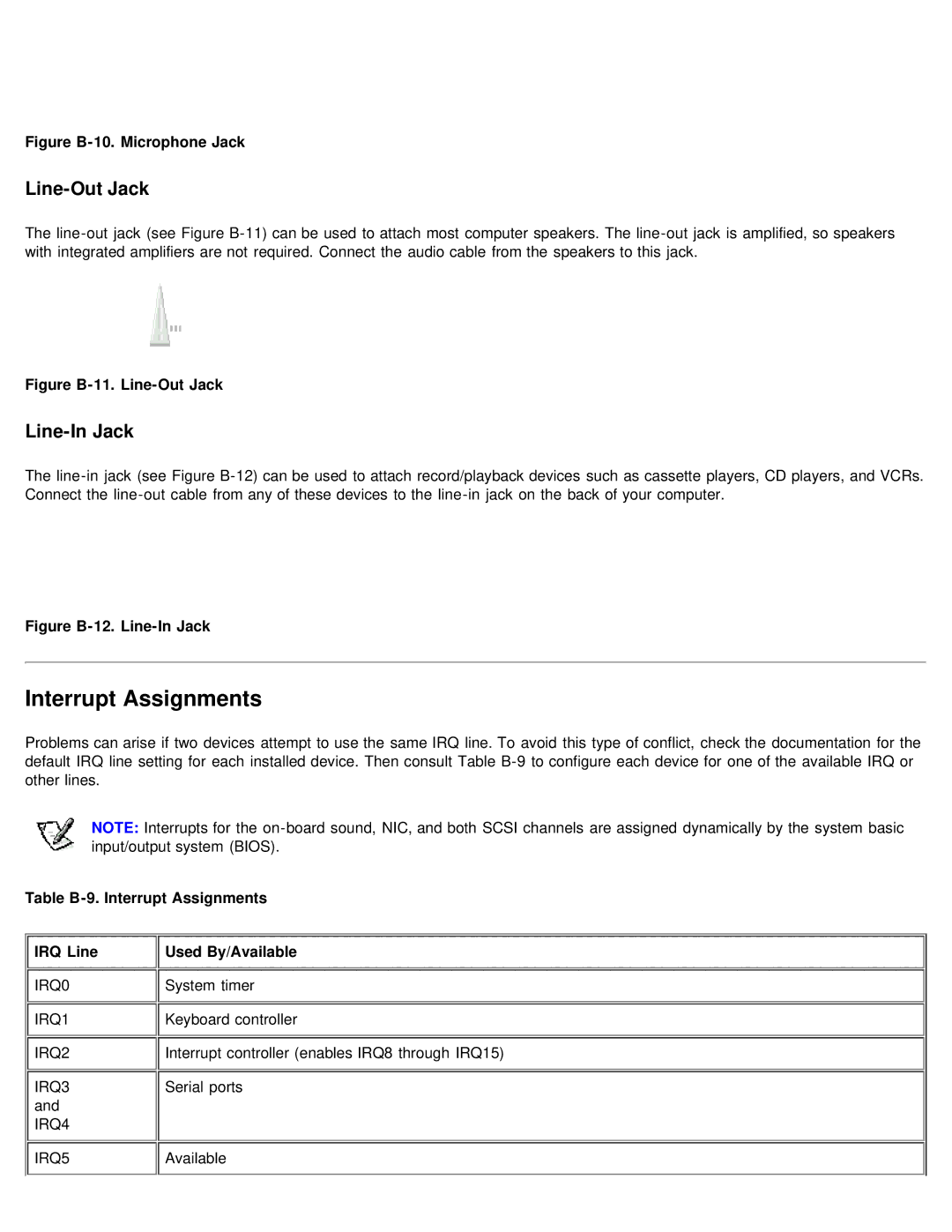 Dell 610 Line-Out Jack, Line-In Jack, Table B-9. Interrupt Assignments IRQ Line Used By/Available 