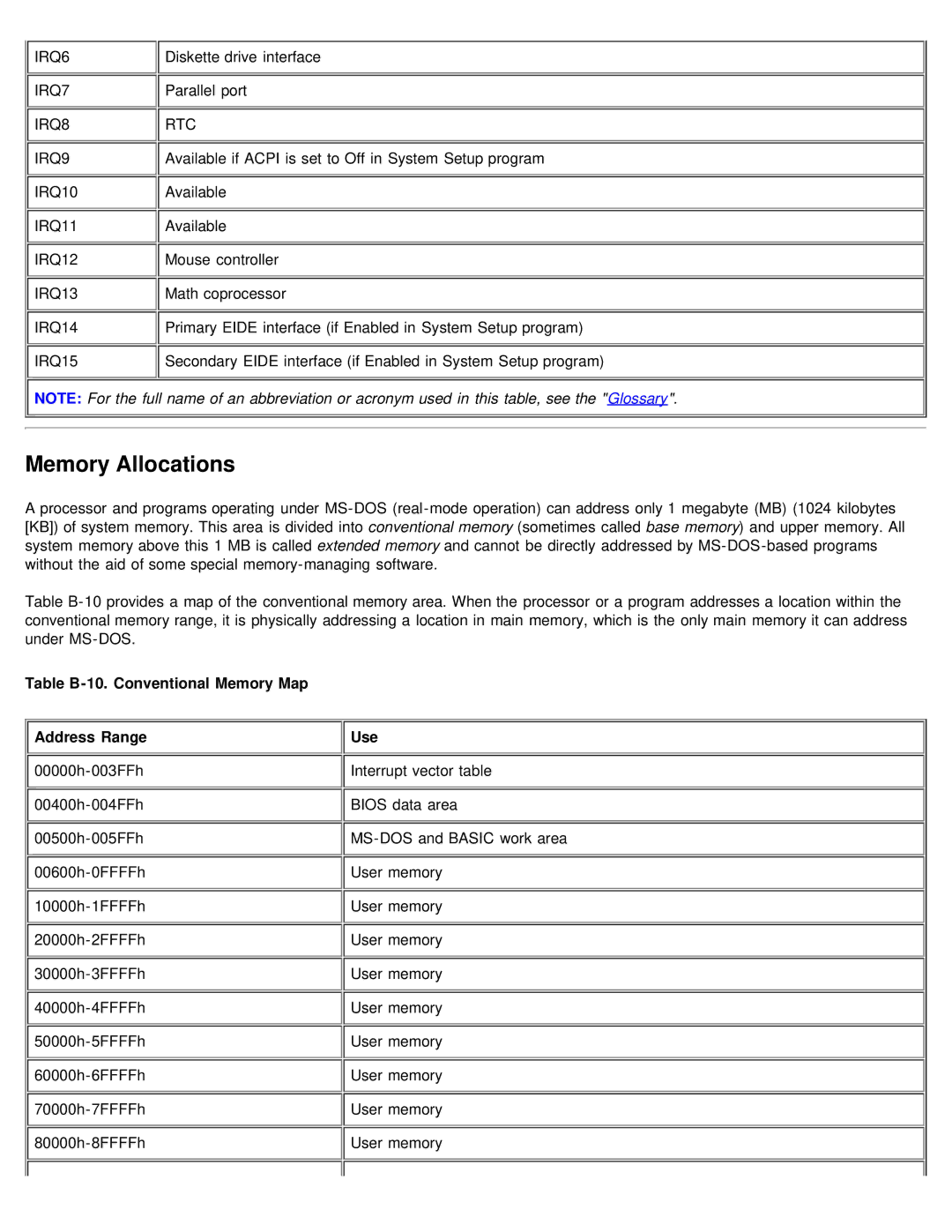 Dell 610 technical specifications Memory Allocations, Table B-10. Conventional Memory Map Address Range Use 