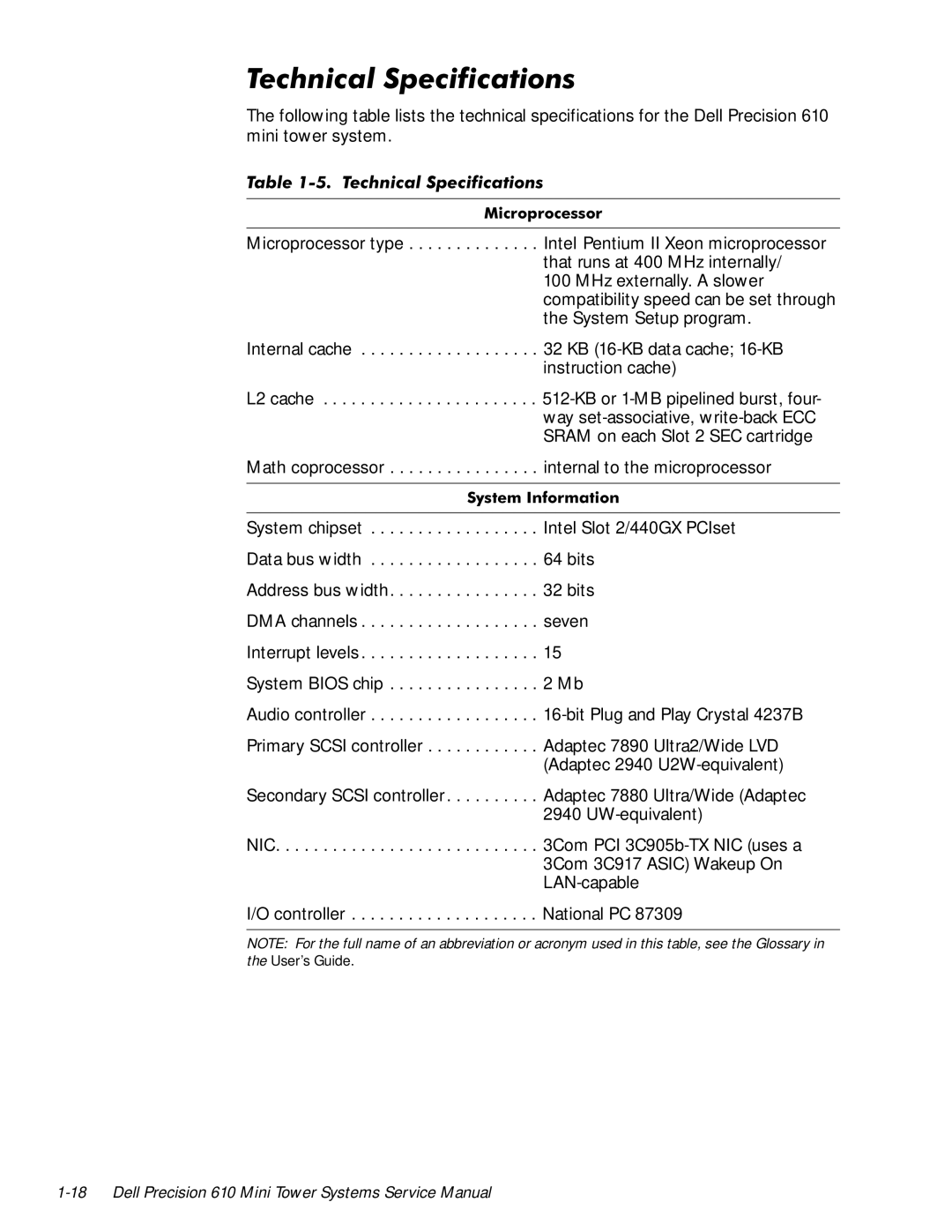 Dell 610 manual 7HFKQLFDO6SHFLILFDWLRQV, 7DEOHmini towersystem7HFKQLFDO SHFLILFDWLRQV0LFURSURFHVVRU 