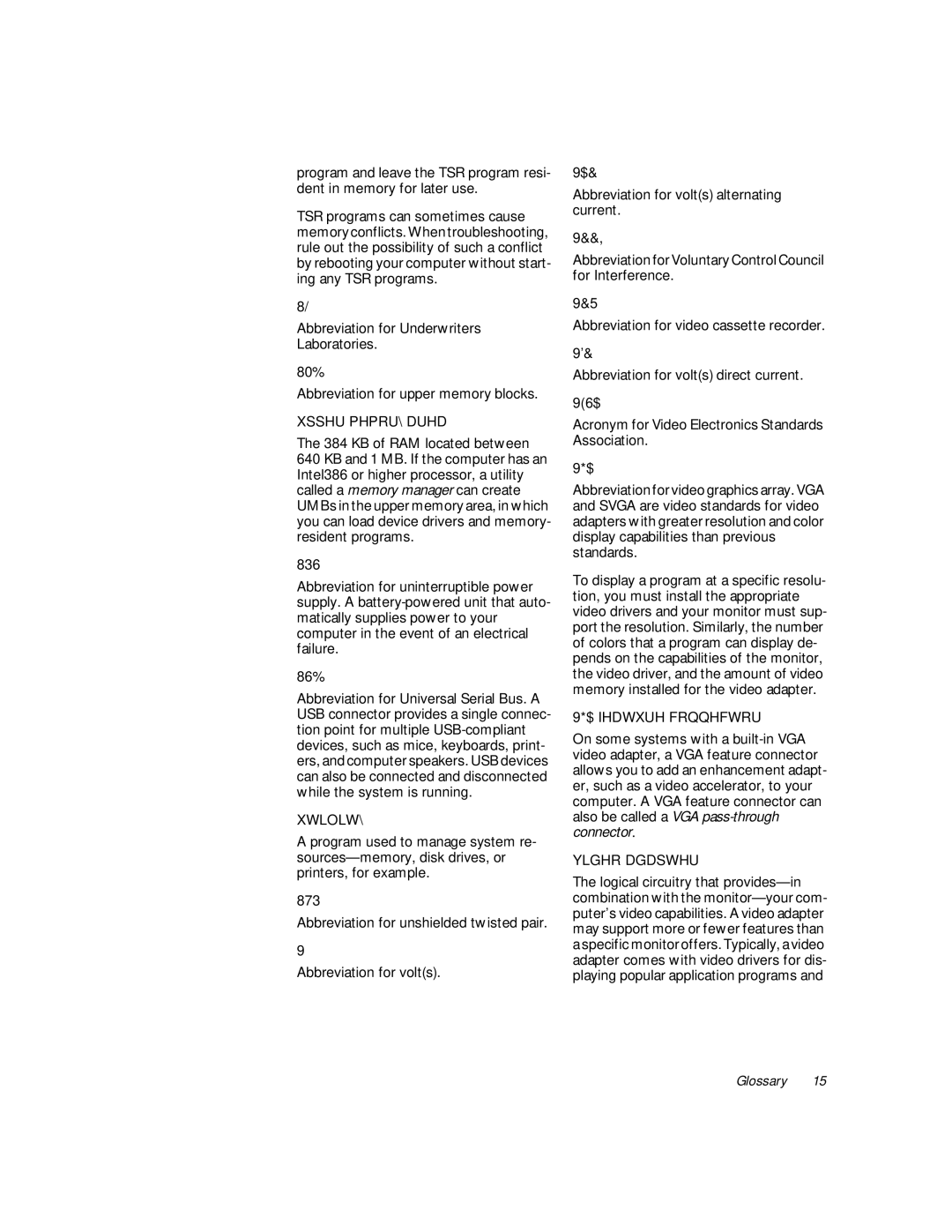 Dell 610 manual Abbreviation for Underwriters, KB of RAM located between, Abbreviation for volts 