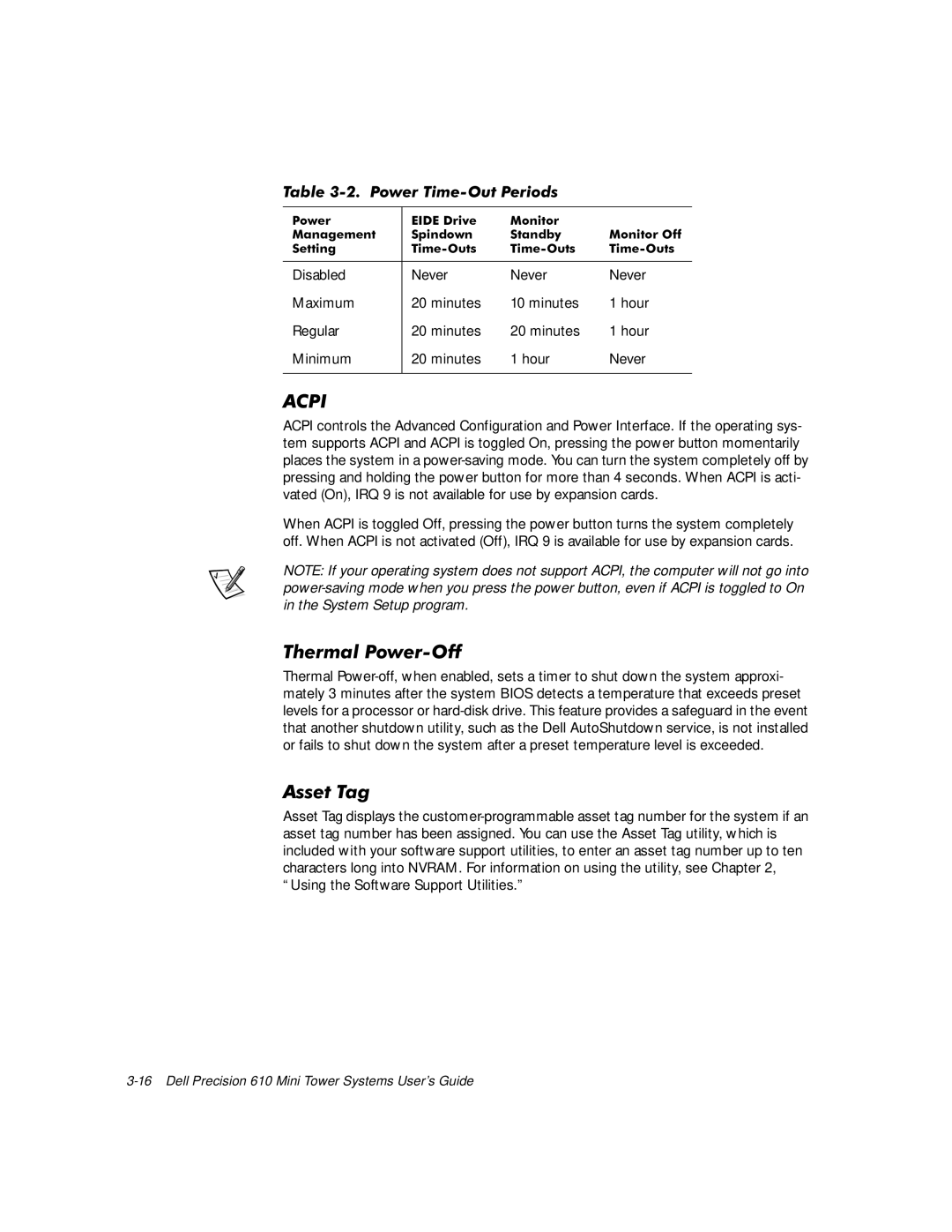 Dell 610 manual 7KHUPDO3RZHU2II, $VVHW7DJ, 7LPH2XWV, Disabled Never Maximum Minutes Hour Regular Minimum 