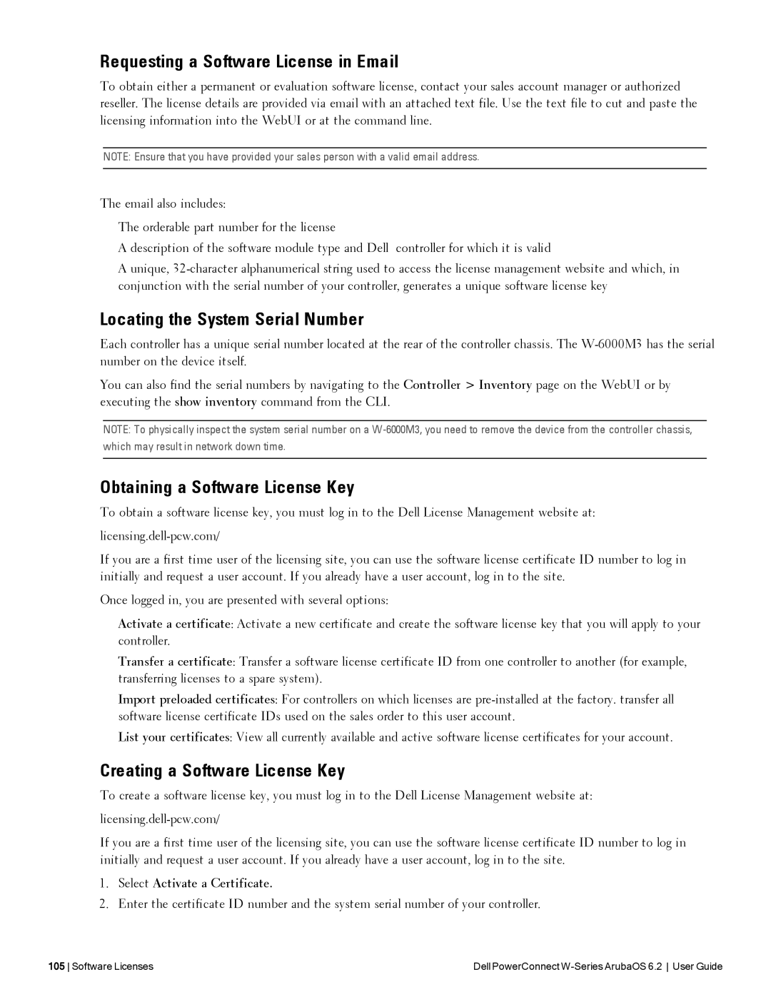 Dell 6.2 manual Requesting a Software License in Email, Locating the System Serial Number, Obtaining a Software License Key 