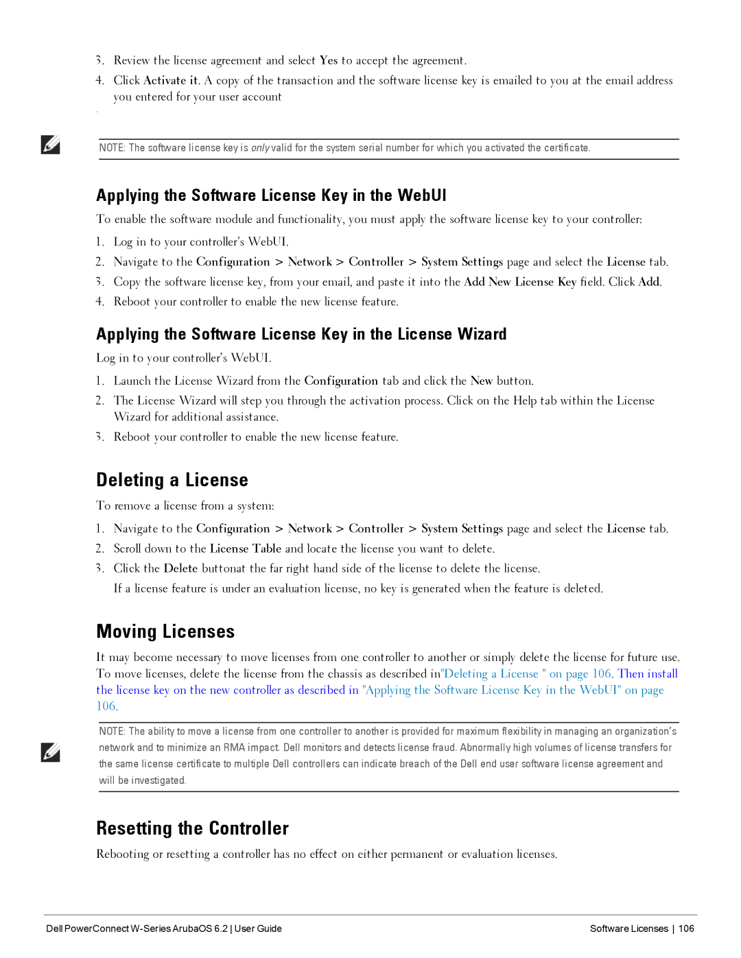 Dell 6.2 Deleting a License, Moving Licenses, Resetting the Controller, Applying the Software License Key in the WebUI 
