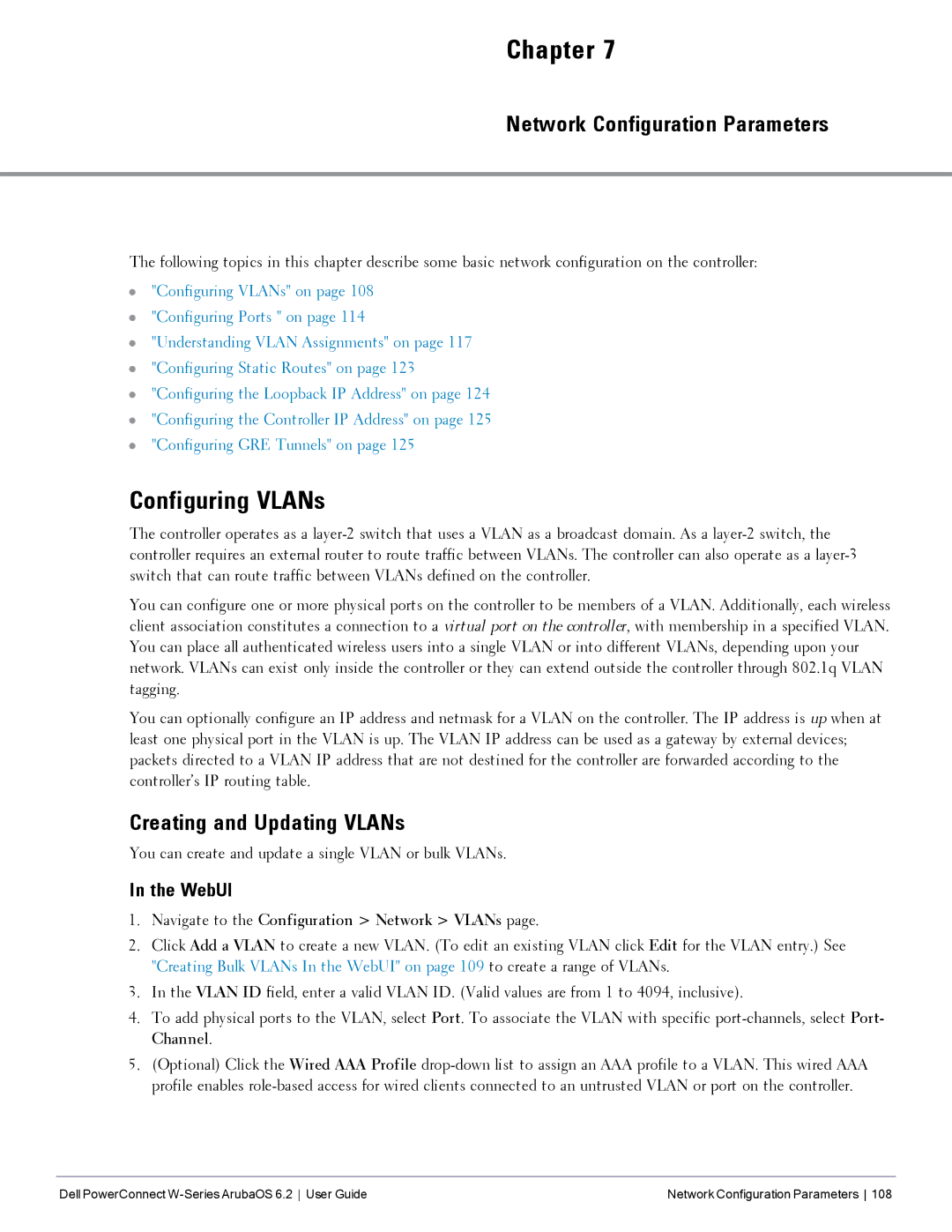 Dell 6.2 manual Configuring VLANs, Network Configuration Parameters, Creating and Updating VLANs 