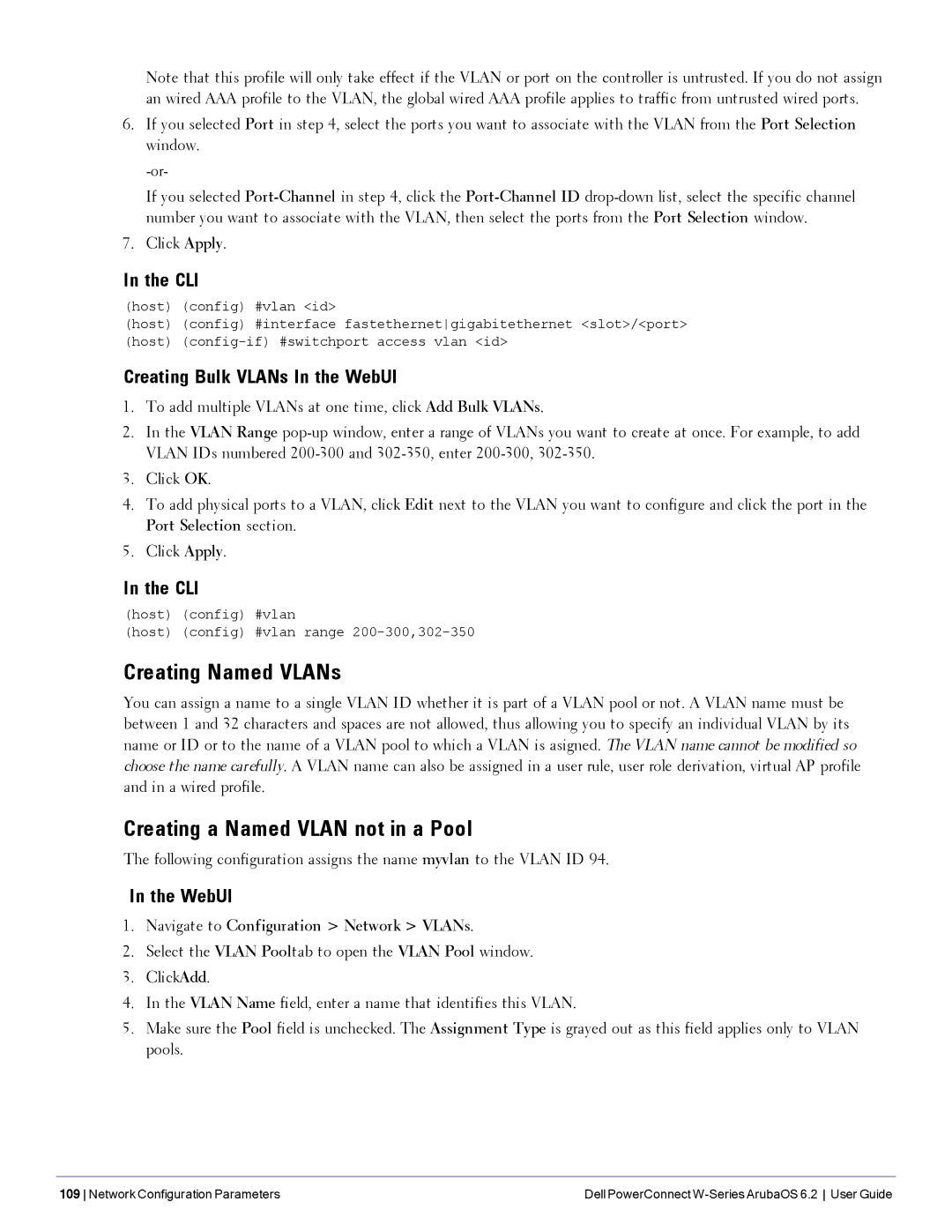 Dell 6.2 manual Creating Named VLANs, Creating a Named Vlan not in a Pool, Creating Bulk VLANs In the WebUI 