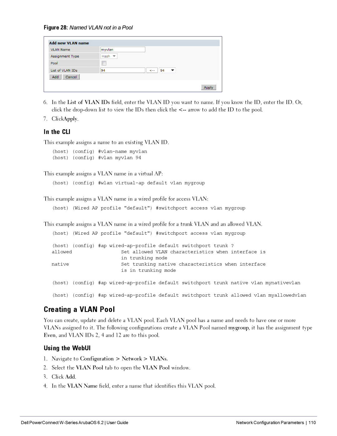 Dell 6.2 manual Creating a Vlan Pool, Using the WebUI, This example assigns a name to an existing Vlan ID 