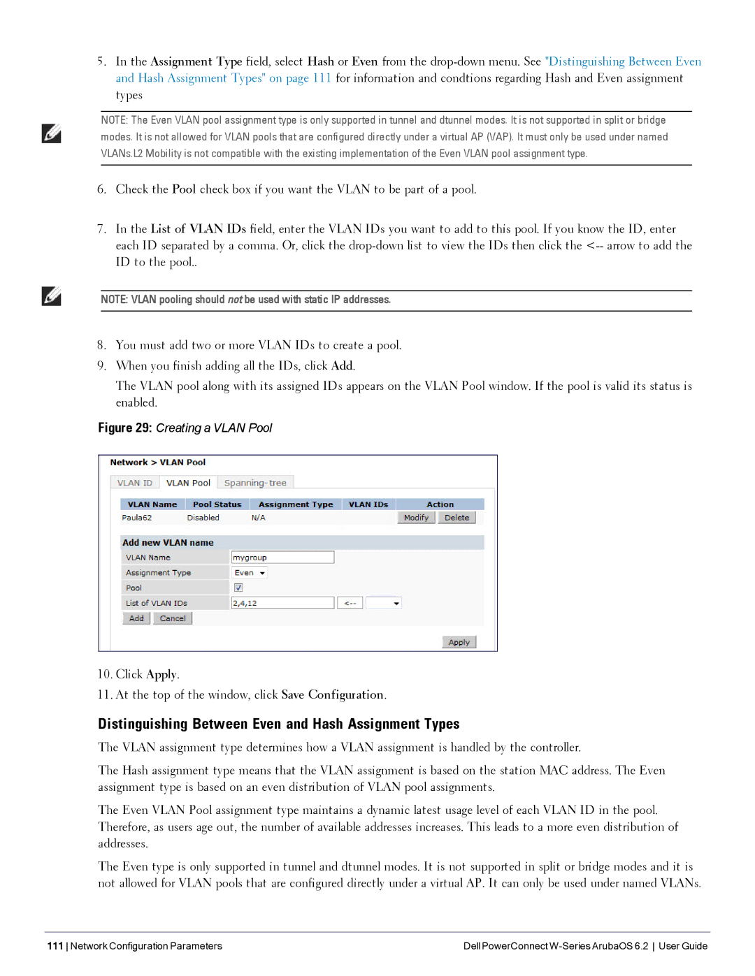 Dell 6.2 manual Distinguishing Between Even and Hash Assignment Types, Creating a Vlan Pool 