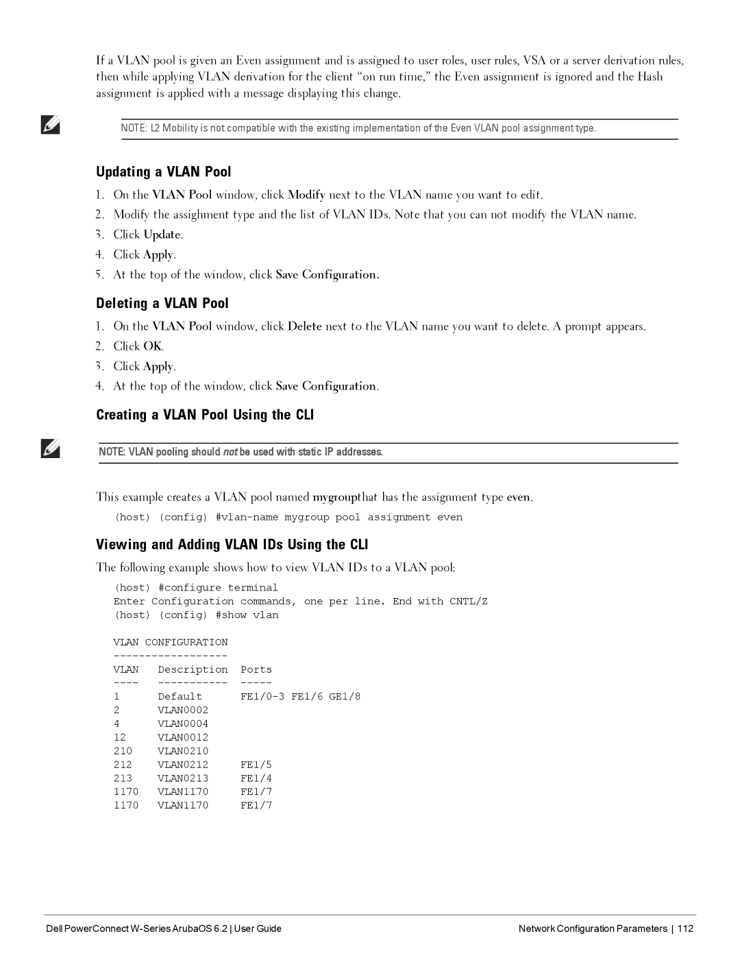 Dell 6.2 manual Updating a Vlan Pool, Deleting a Vlan Pool, Creating a Vlan Pool Using the CLI 