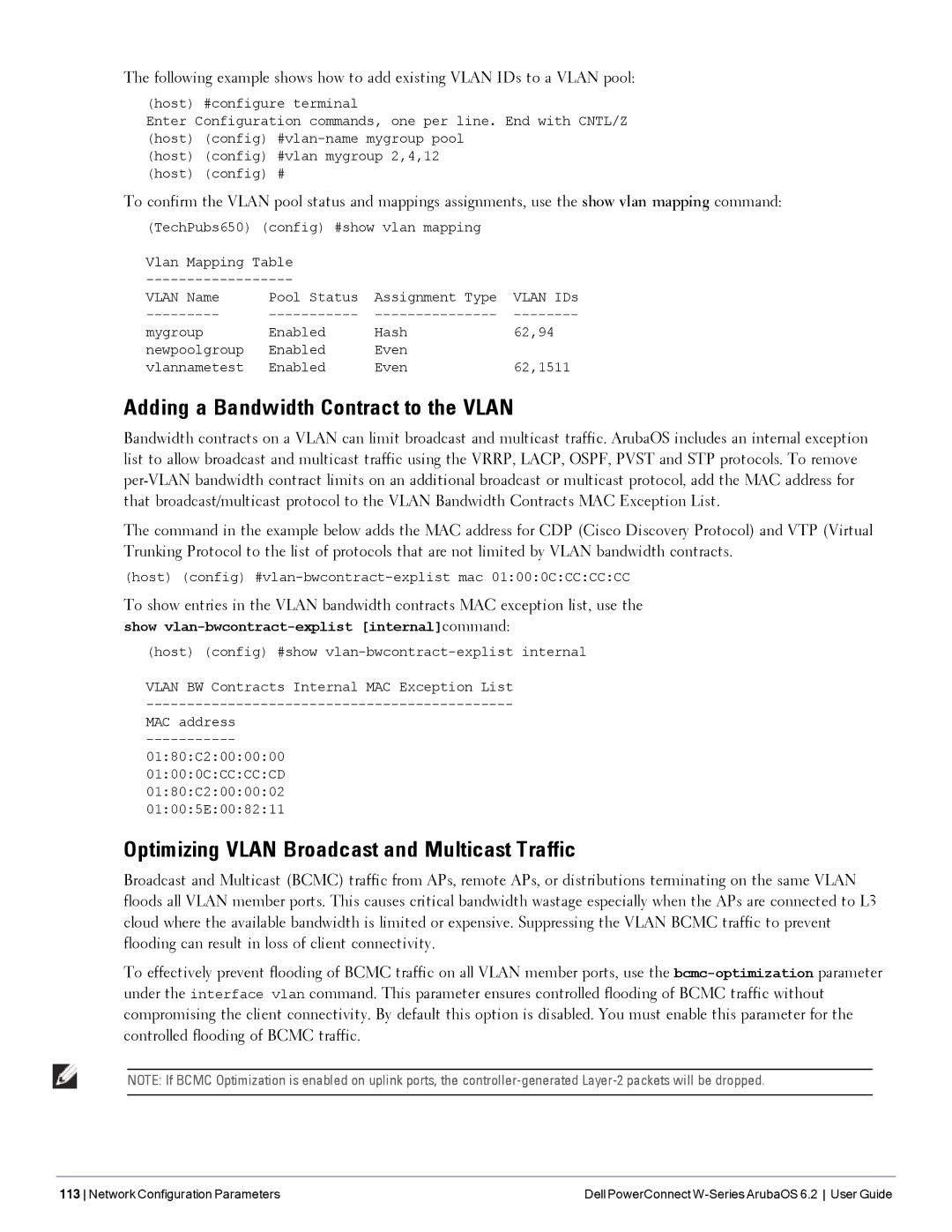 Dell 6.2 manual Adding a Bandwidth Contract to the Vlan, Optimizing Vlan Broadcast and Multicast Traffic 