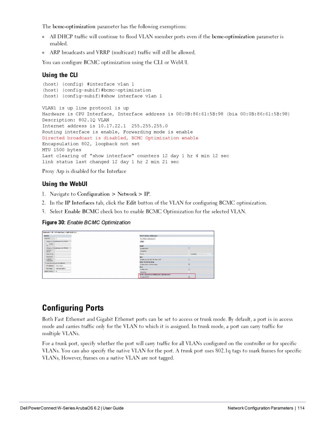 Dell 6.2 Configuring Ports, Using the CLI, Proxy Arp is disabled for the Interface, Navigate to Configuration Network IP 