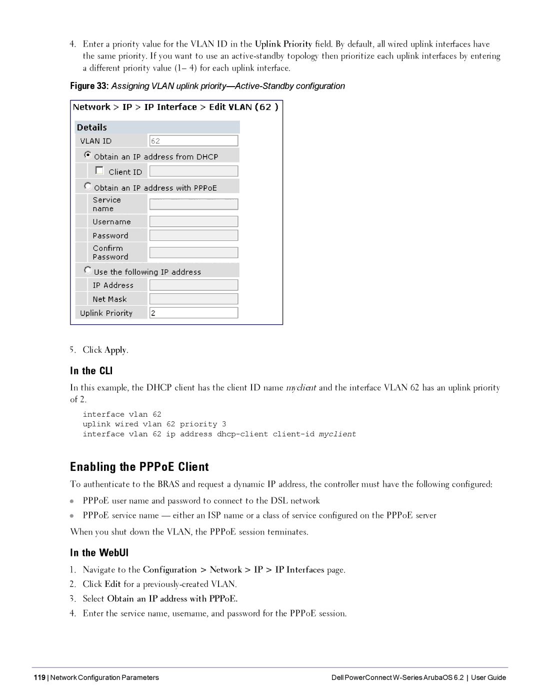 Dell 6.2 manual Enabling the PPPoE Client, Select Obtain an IP address with PPPoE 