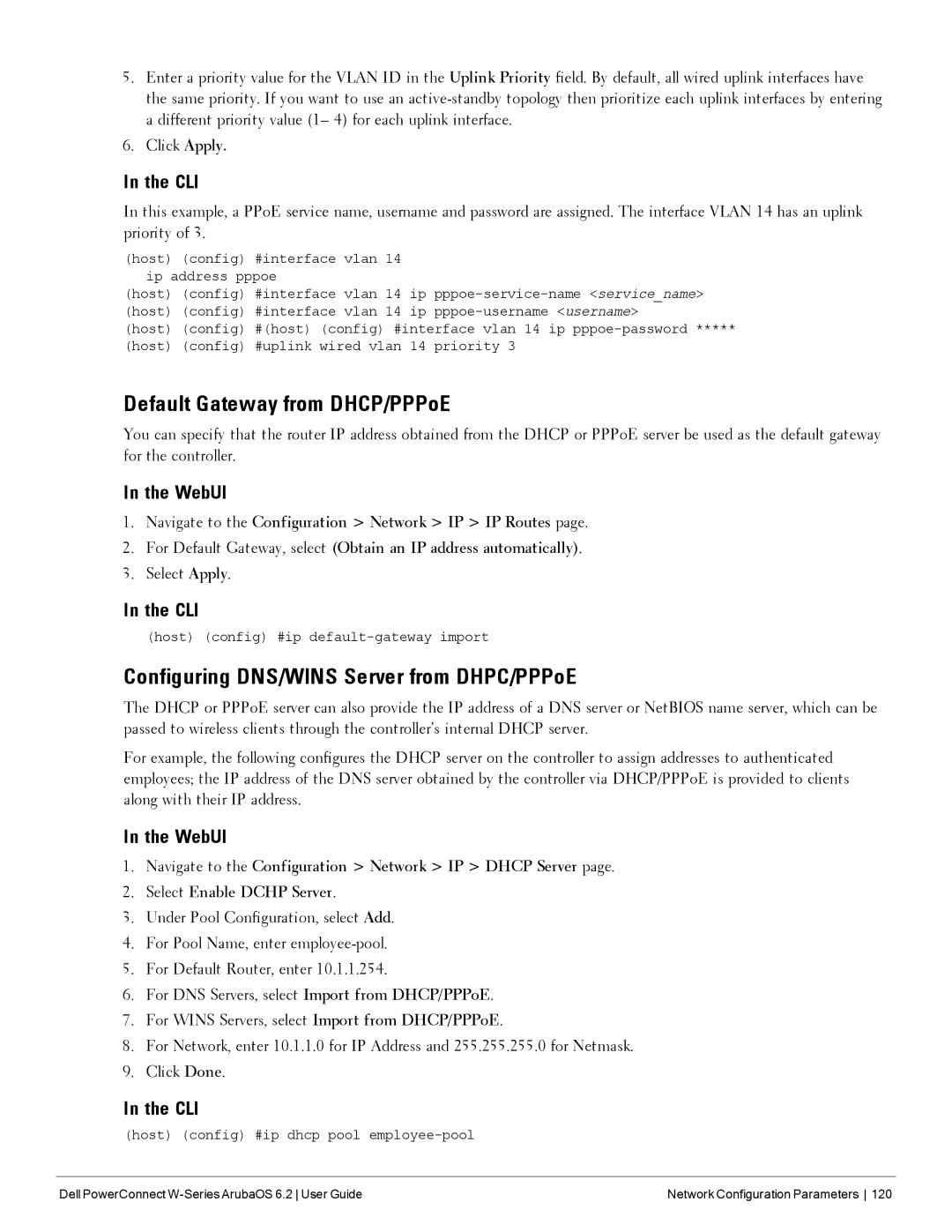 Dell 6.2 manual Default Gateway from DHCP/PPPoE, Configuring DNS/WINS Server from DHPC/PPPoE, Select Apply 