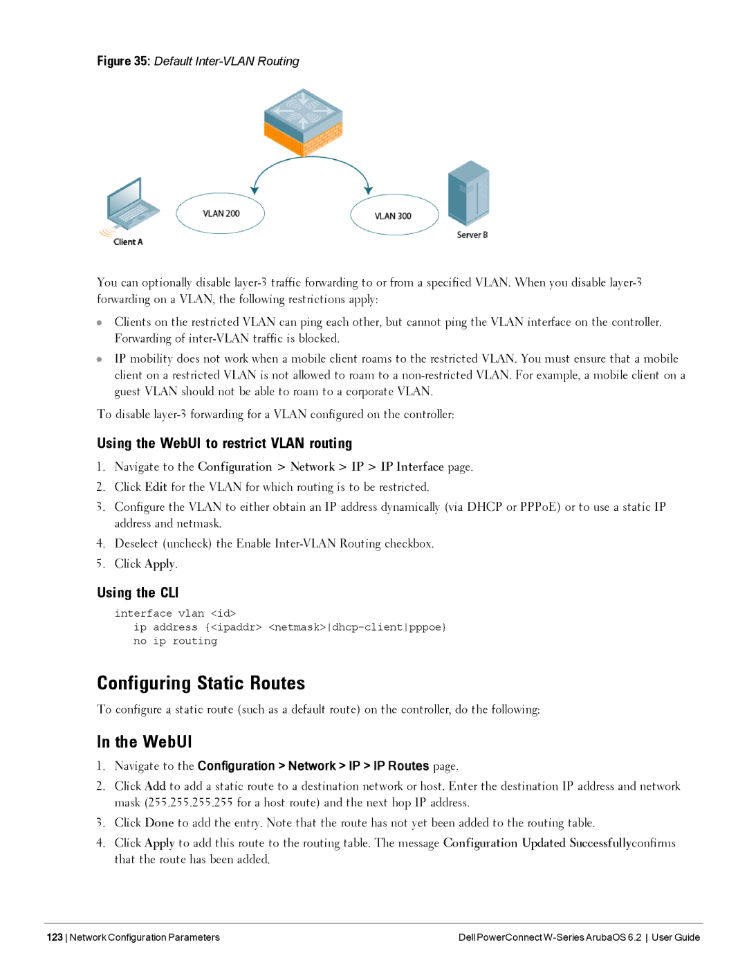 Dell 6.2 manual Configuring Static Routes, Using the WebUI to restrict Vlan routing 