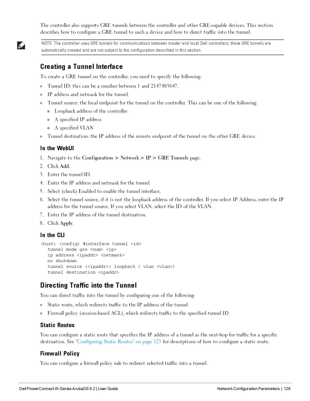 Dell 6.2 manual Creating a Tunnel Interface, Directing Traffic into the Tunnel, Static Routes, Firewall Policy 