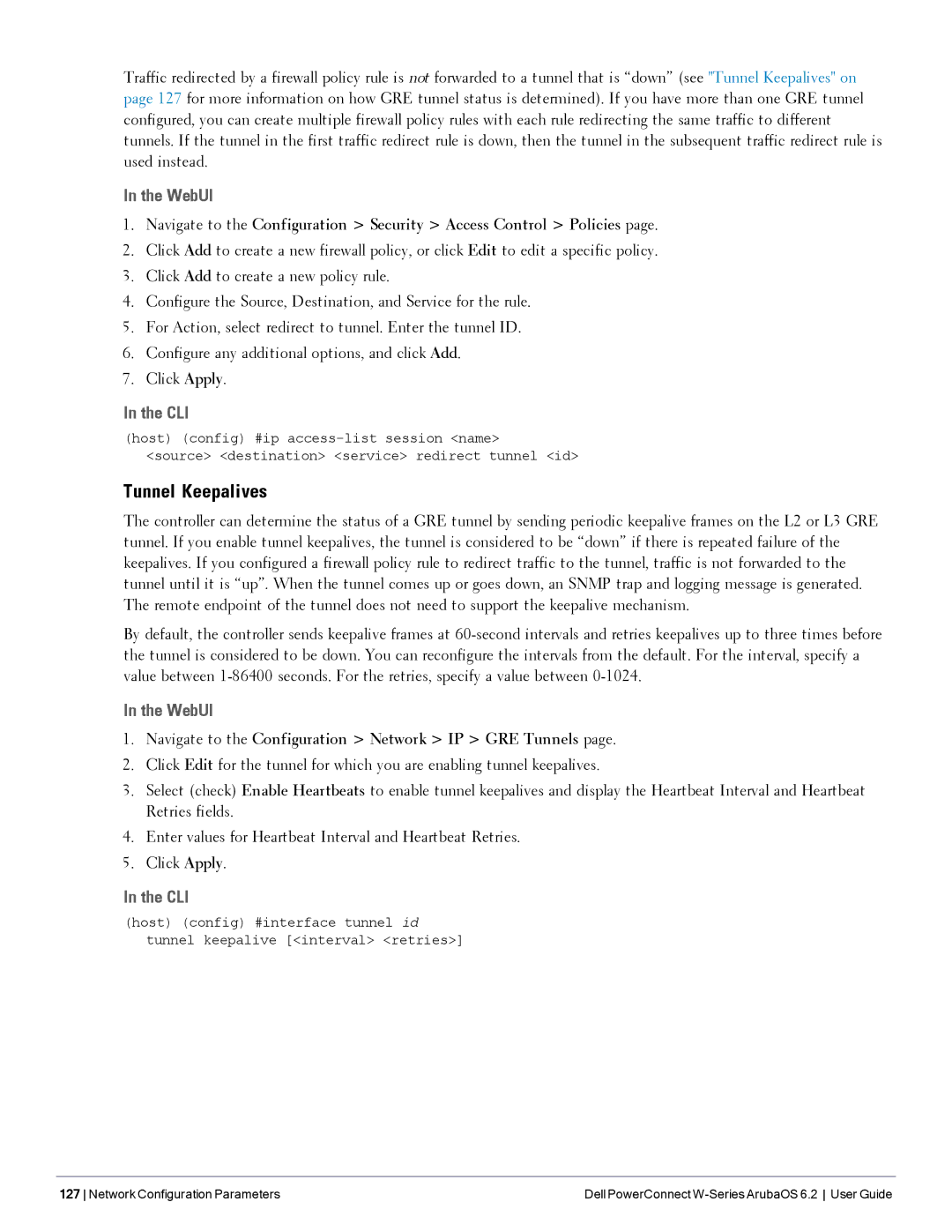 Dell 6.2 manual Tunnel Keepalives, WebUI, Cli 