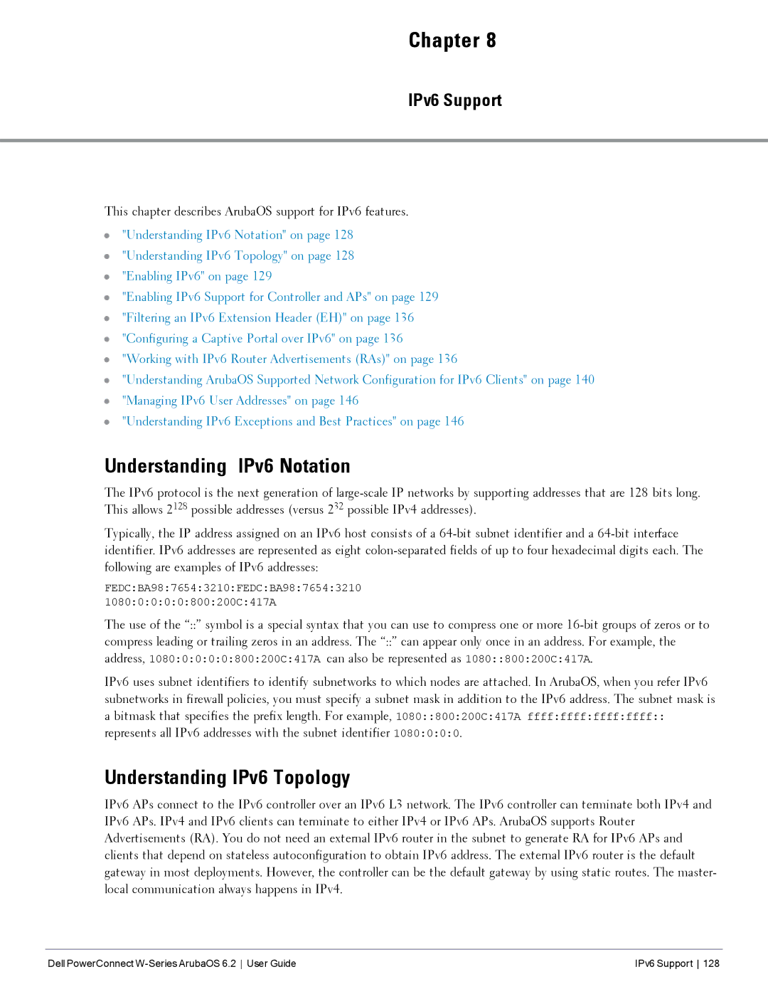 Dell 6.2 manual Understanding IPv6 Notation, Understanding IPv6 Topology, IPv6 Support 