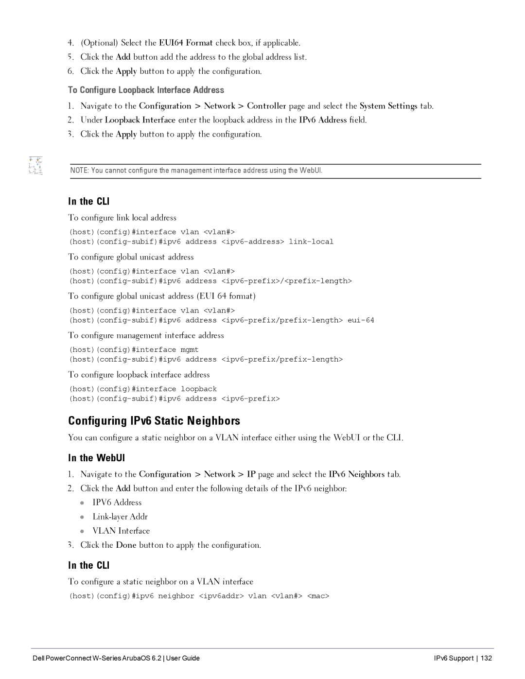 Dell 6.2 manual Configuring IPv6 Static Neighbors, To Configure Loopback Interface Address 