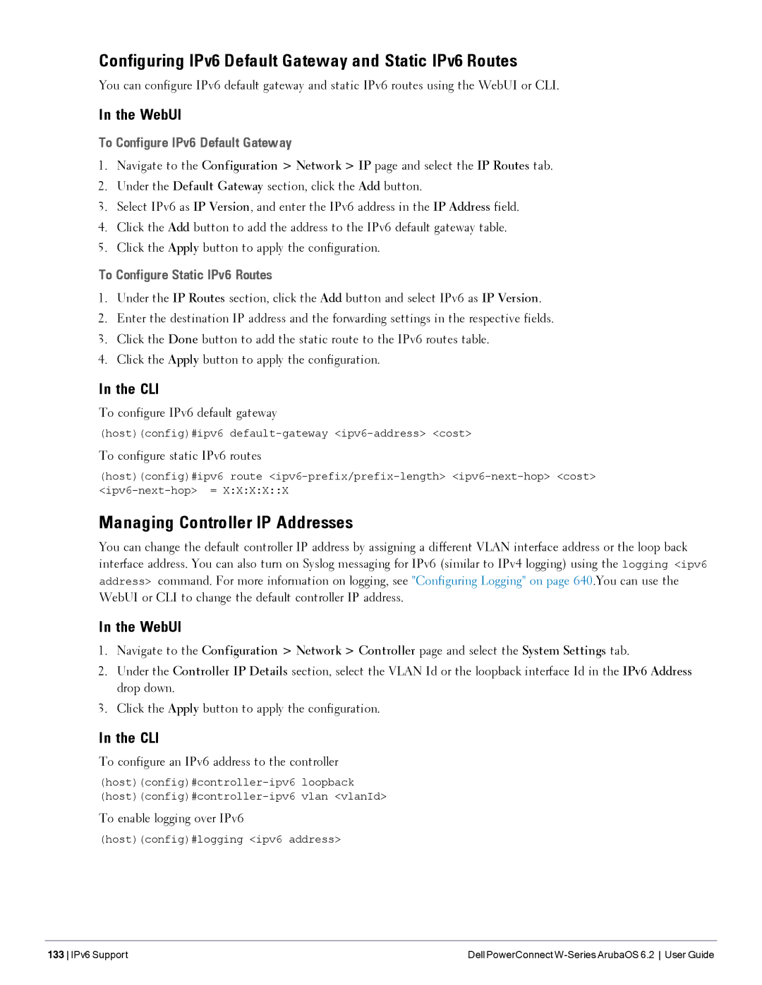 Dell 6.2 manual Configuring IPv6 Default Gateway and Static IPv6 Routes, Managing Controller IP Addresses 