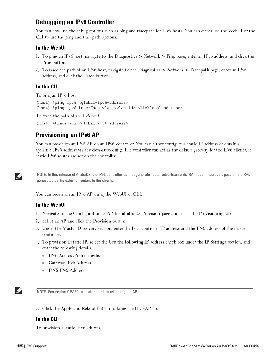 Dell 6.2 manual Debugging an IPv6 Controller, Provisioning an IPv6 AP 