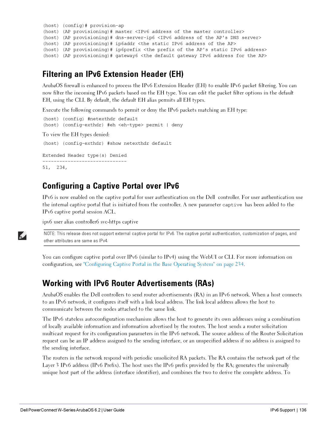 Dell 6.2 manual Filtering an IPv6 Extension Header EH, Configuring a Captive Portal over IPv6, To view the EH types denied 