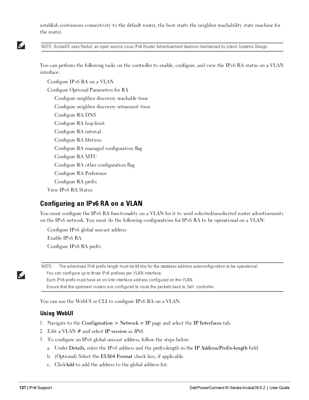 Dell 6.2 manual Configuring an IPv6 RA on a Vlan, Using WebUI, You can use the WebUI or CLI to configure IPv6 RA on a Vlan 