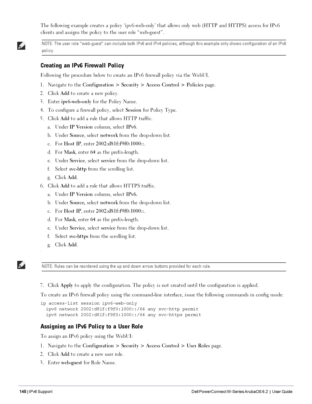 Dell 6.2 Creating an IPv6 Firewall Policy, Assigning an IPv6 Policy to a User Role, For Host IP, enter 2002d81ff9f01000 