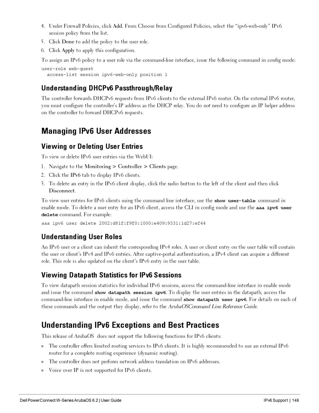 Dell 6.2 manual Managing IPv6 User Addresses, Understanding IPv6 Exceptions and Best Practices 