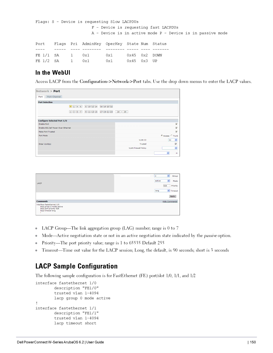 Dell 6.2 manual Lacp Sample Configuration, WebUI 