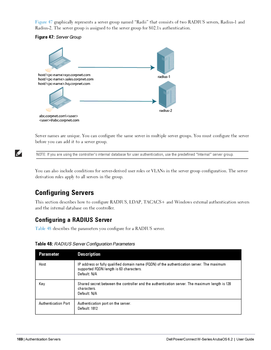 Dell 6.2 Configuring Servers, Configuring a Radius Server, Describes the parameters you configure for a Radius server 