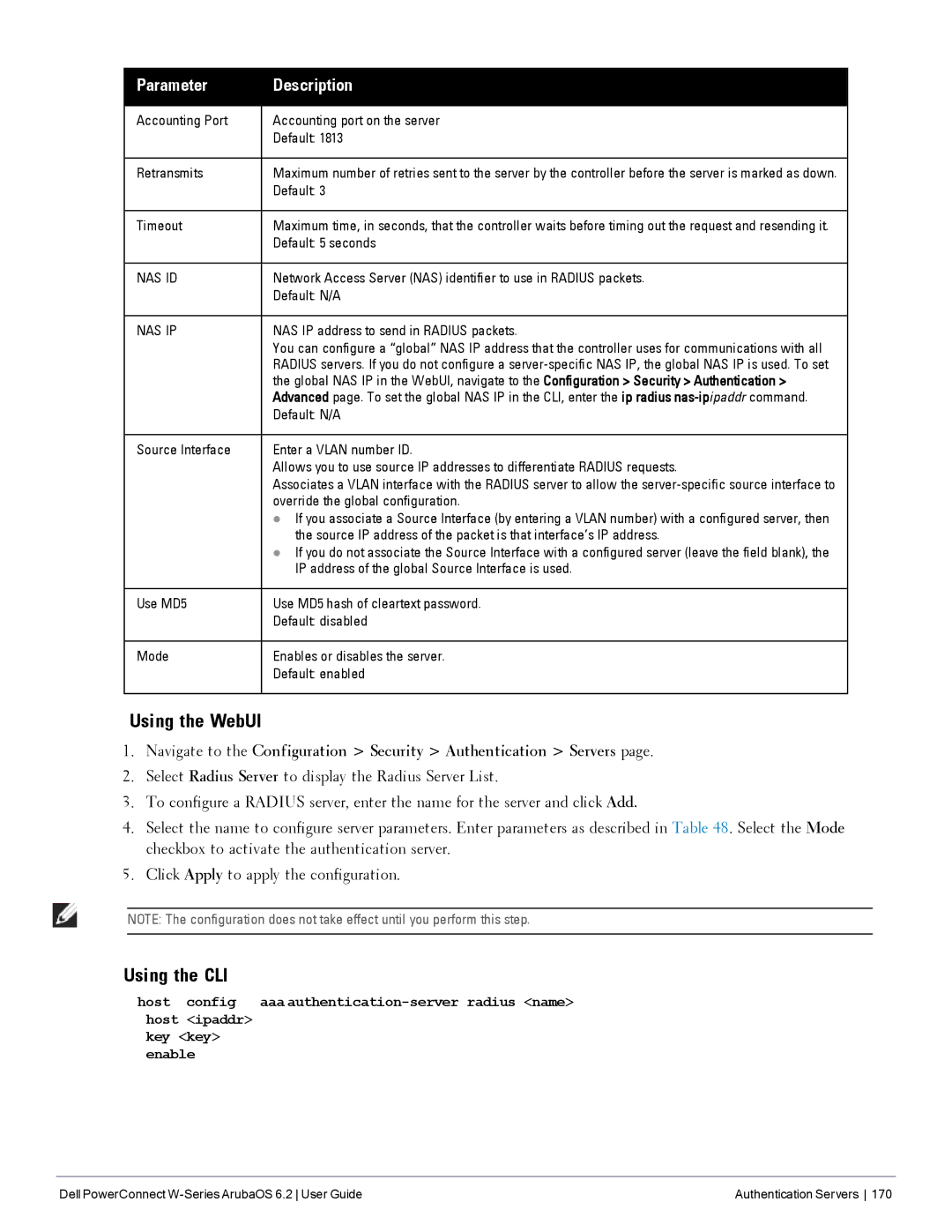 Dell 6.2 manual Timeout, Default 5 seconds, NAS IP address to send in Radius packets, Override the global configuration 