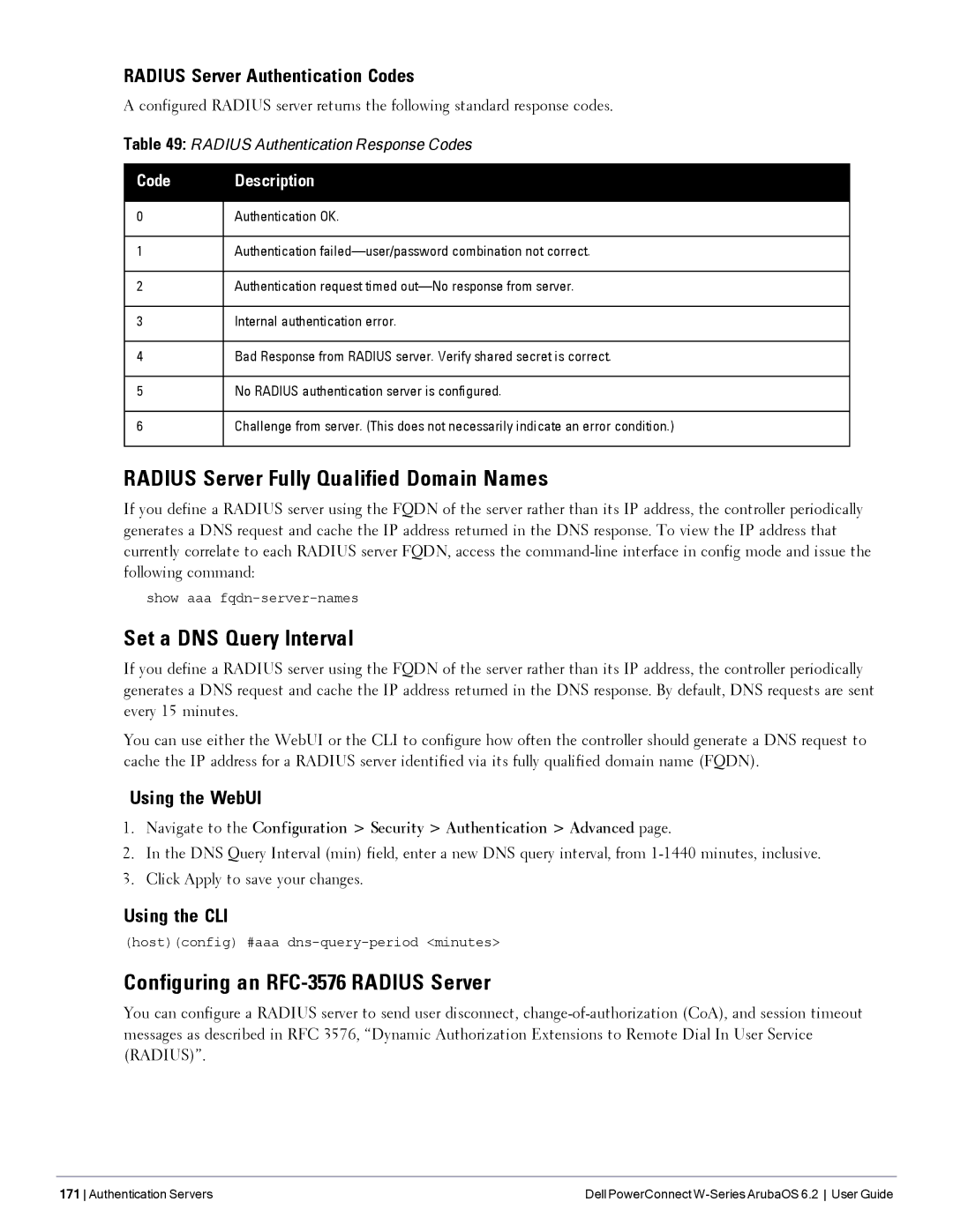 Dell 6.2 manual Radius Server Fully Qualified Domain Names, Set a DNS Query Interval, Configuring an RFC-3576 Radius Server 