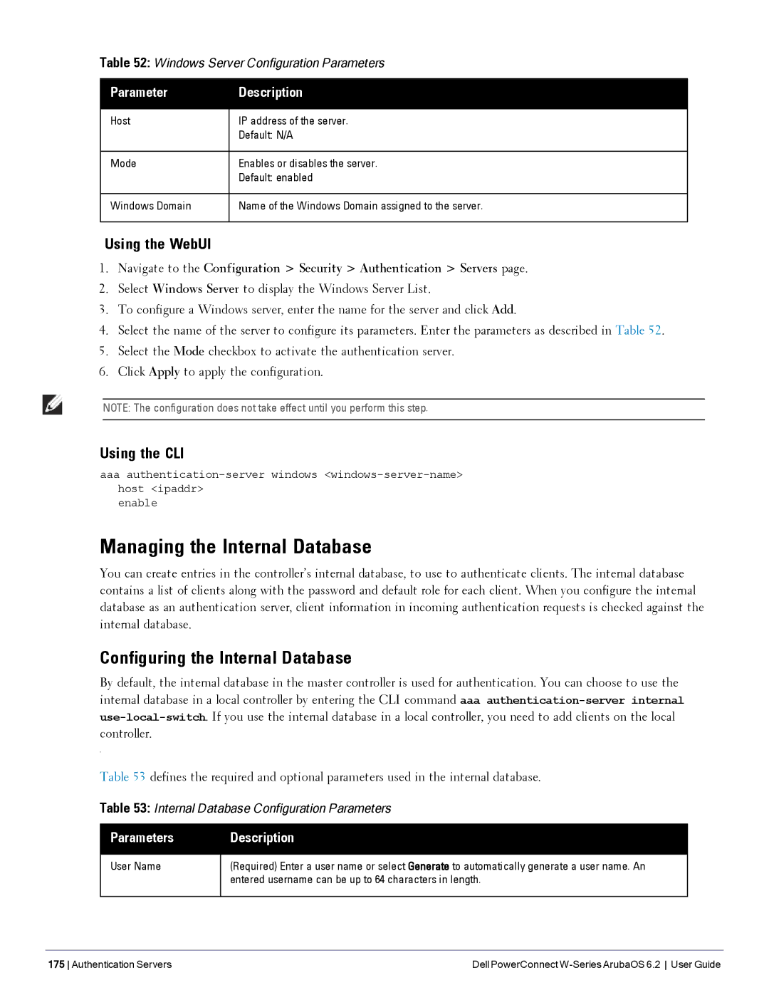 Dell 6.2 manual Managing the Internal Database, Configuring the Internal Database, Parameters 