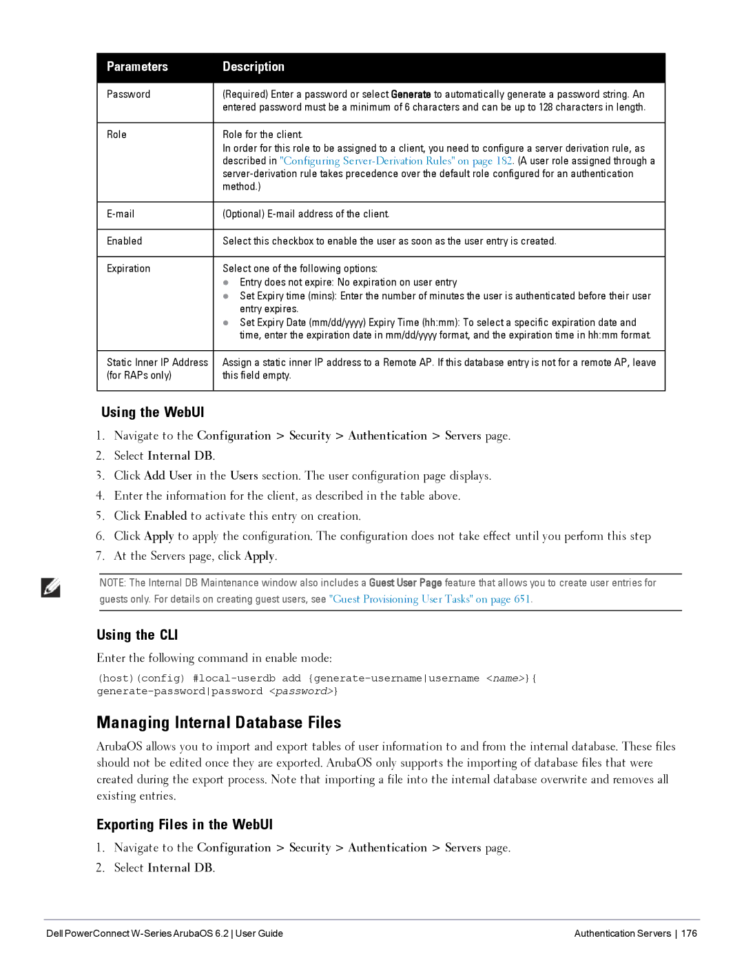 Dell 6.2 manual Managing Internal Database Files, Exporting Files in the WebUI, Parameters Description 