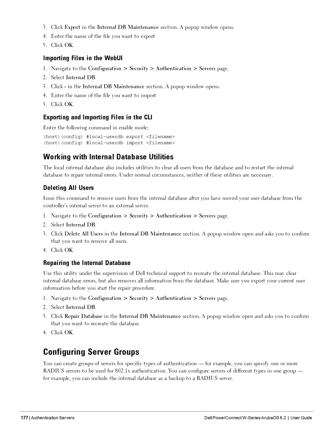 Dell 6.2 manual Configuring Server Groups, Working with Internal Database Utilities 