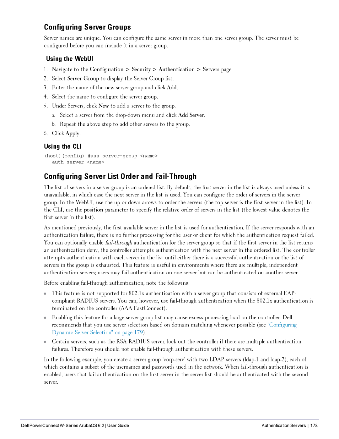 Dell 6.2 manual Configuring Server Groups, Configuring Server List Order and Fail-Through 