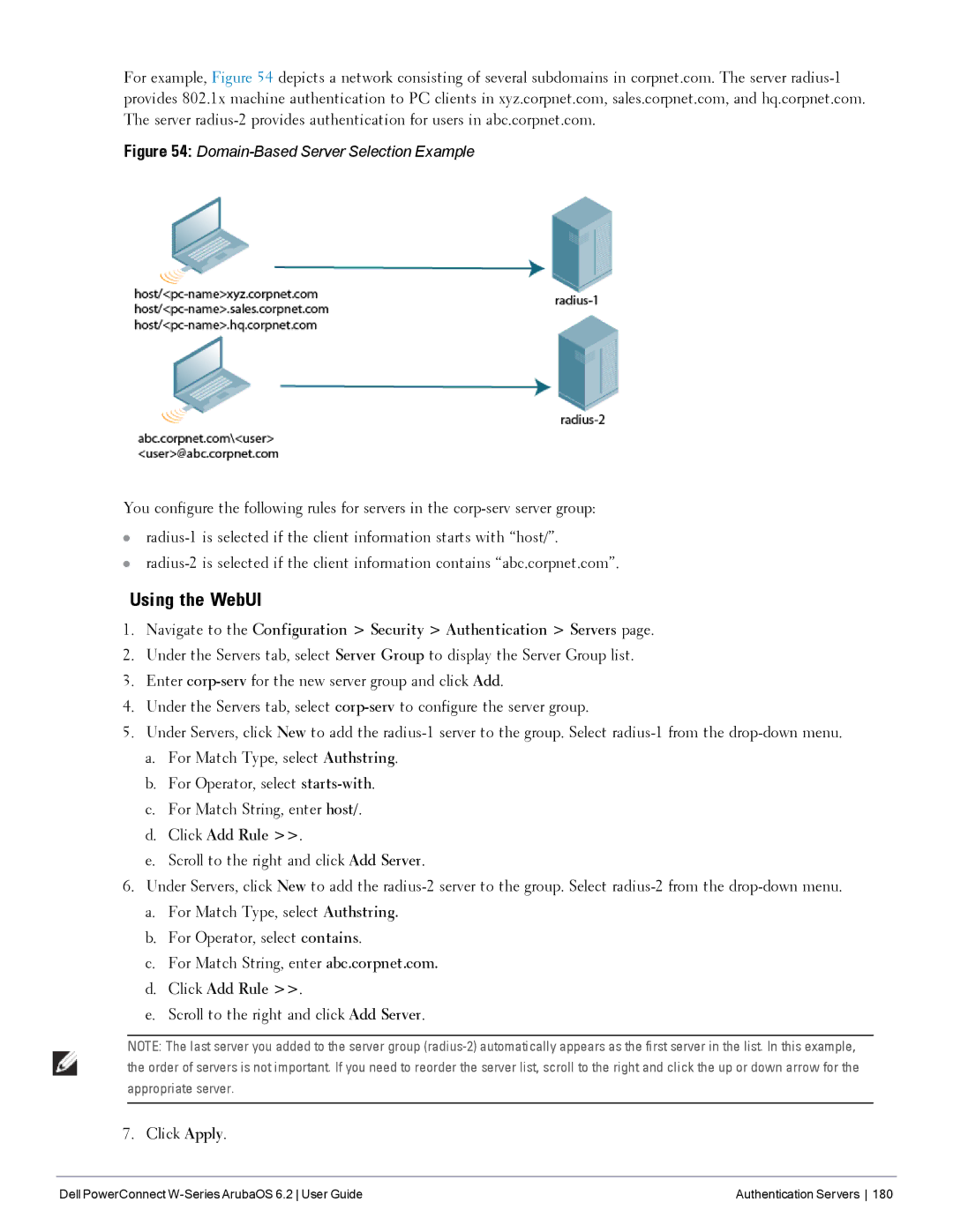 Dell 6.2 manual Click Add Rule, Scroll to the right and click Add Server Click Apply 