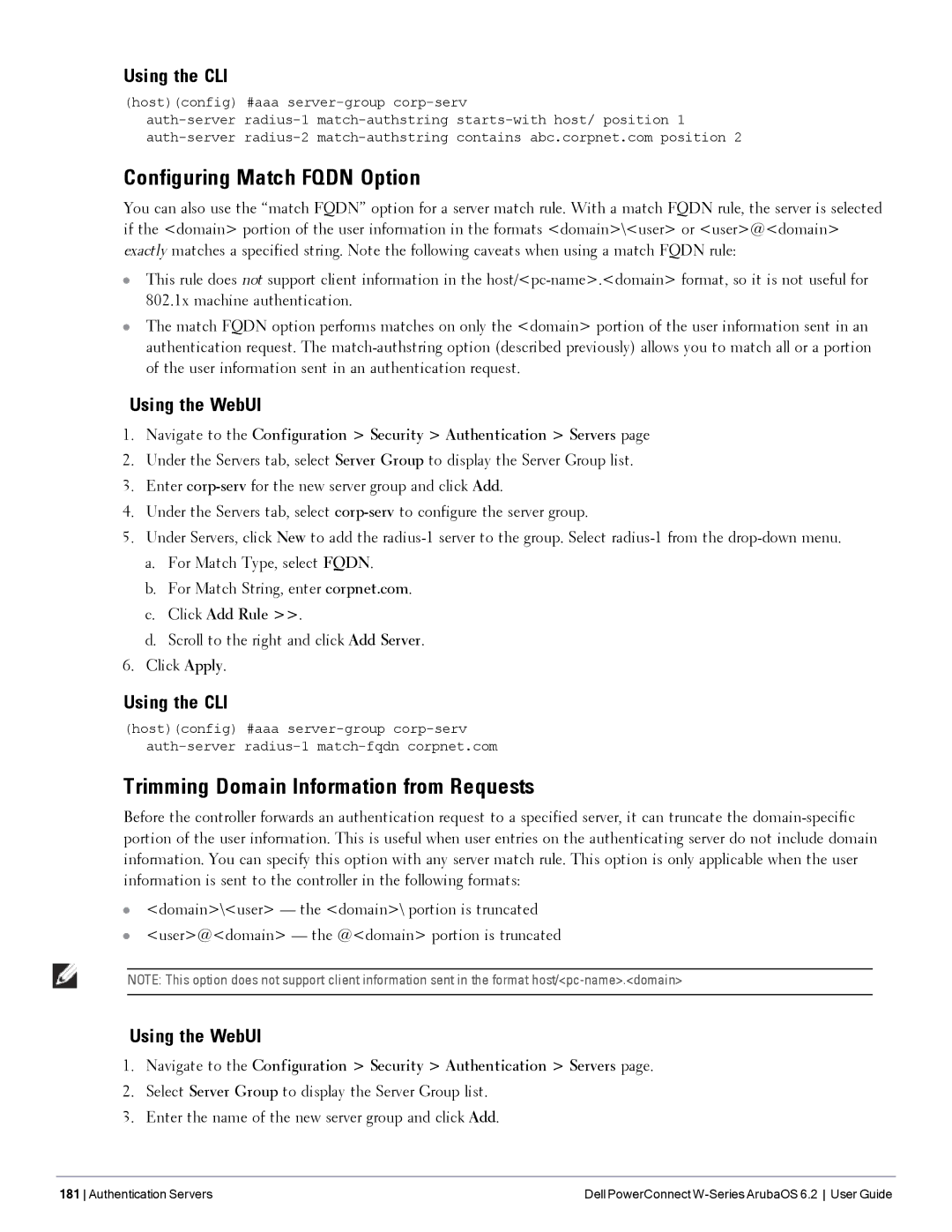 Dell 6.2 manual Configuring Match Fqdn Option, Trimming Domain Information from Requests 