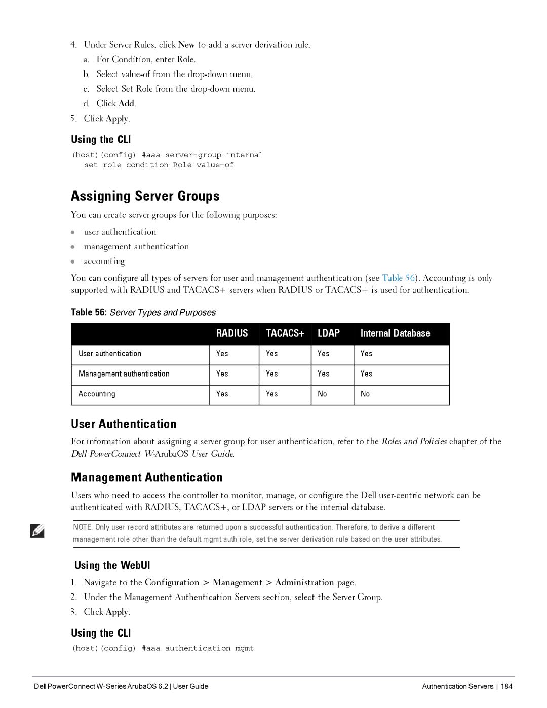 Dell 6.2 manual Assigning Server Groups, User Authentication, Management Authentication, Internal Database 