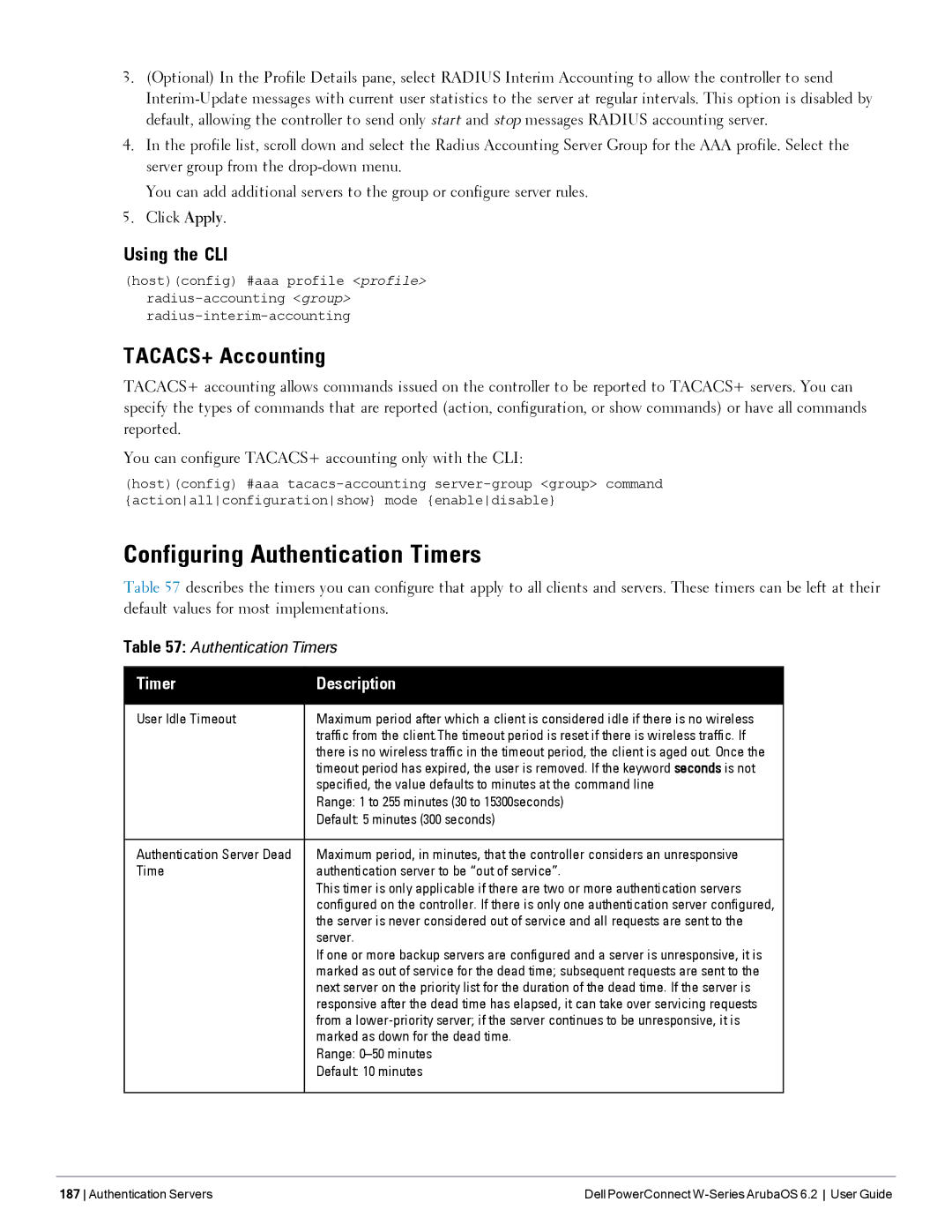 Dell 6.2 manual Configuring Authentication Timers, TACACS+ Accounting, Timer Description 