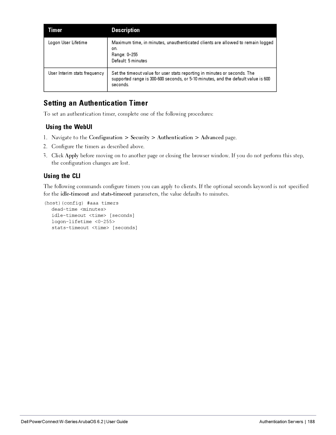 Dell 6.2 manual Setting an Authentication Timer, Logon User Lifetime, Range, Default 5 minutes, Seconds 