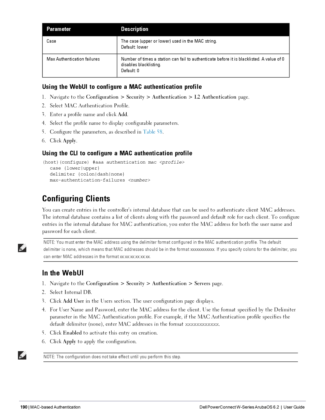 Dell 6.2 manual Configuring Clients, Using the WebUI to configure a MAC authentication profile, Disables blacklisting 