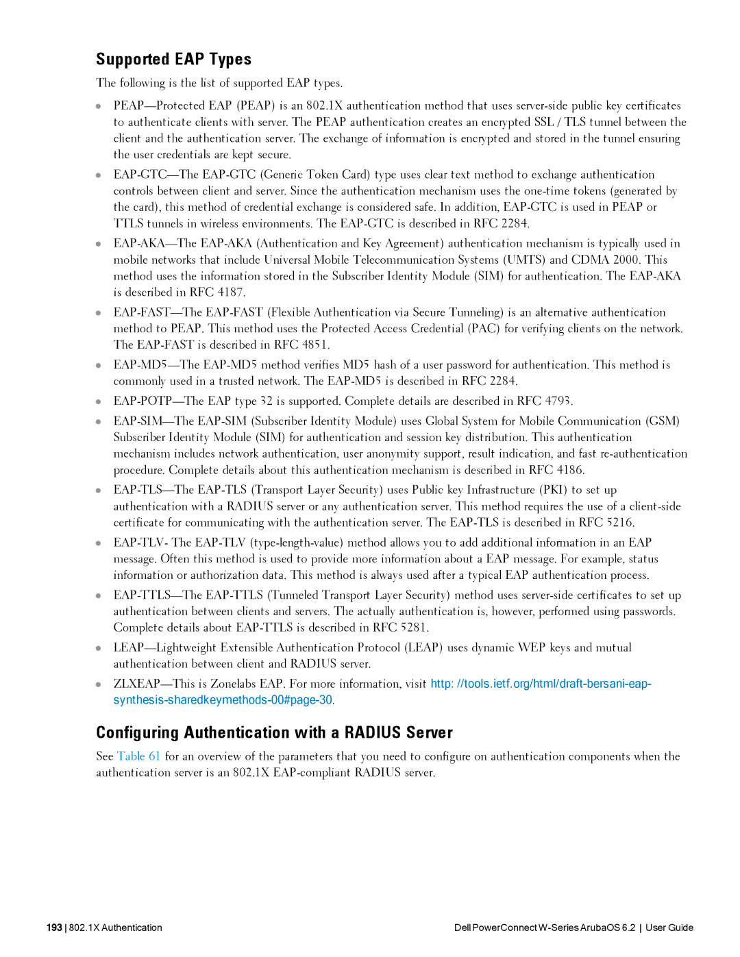 Dell 6.2 manual Supported EAP Types, Configuring Authentication with a Radius Server 