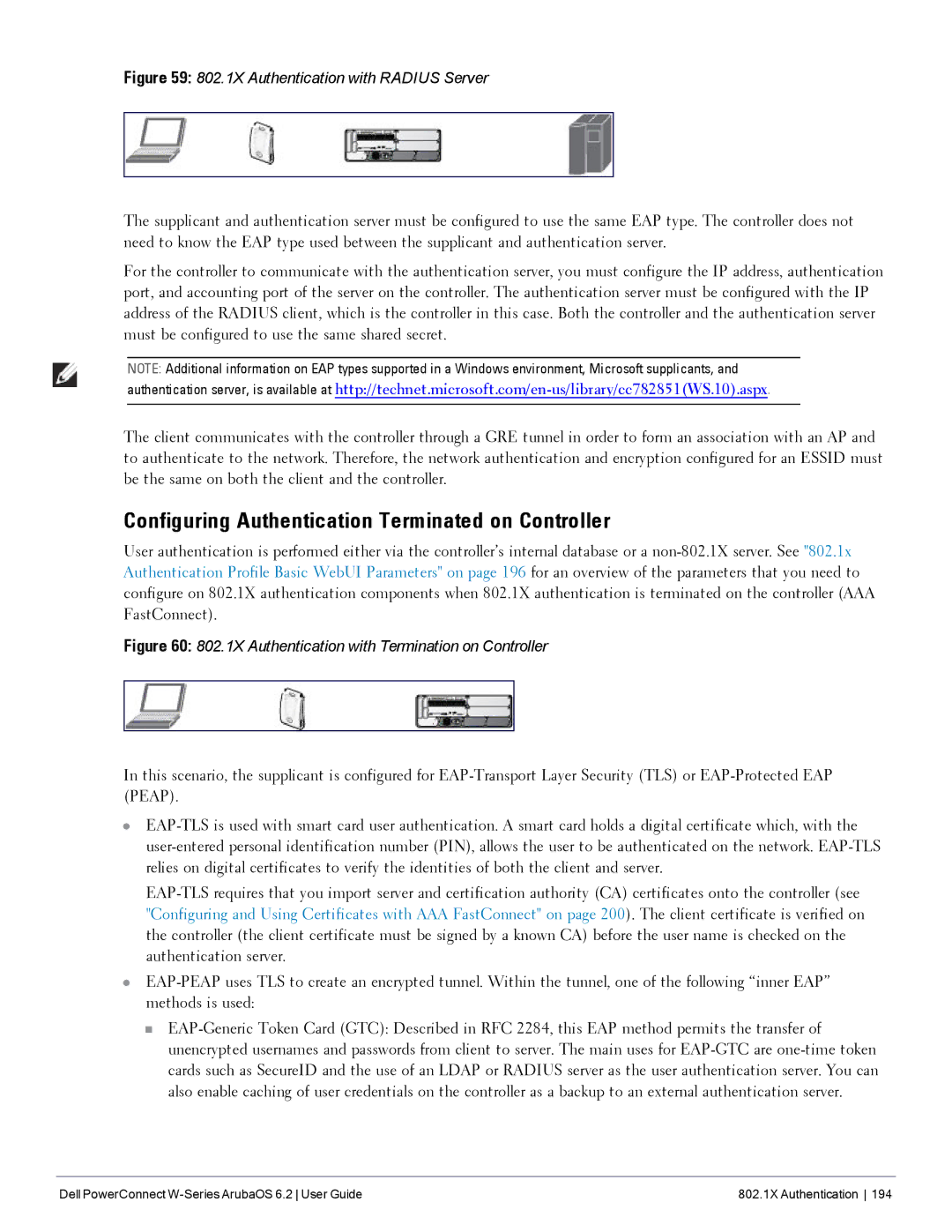 Dell 6.2 manual Configuring Authentication Terminated on Controller, 802.1X Authentication with Radius Server 