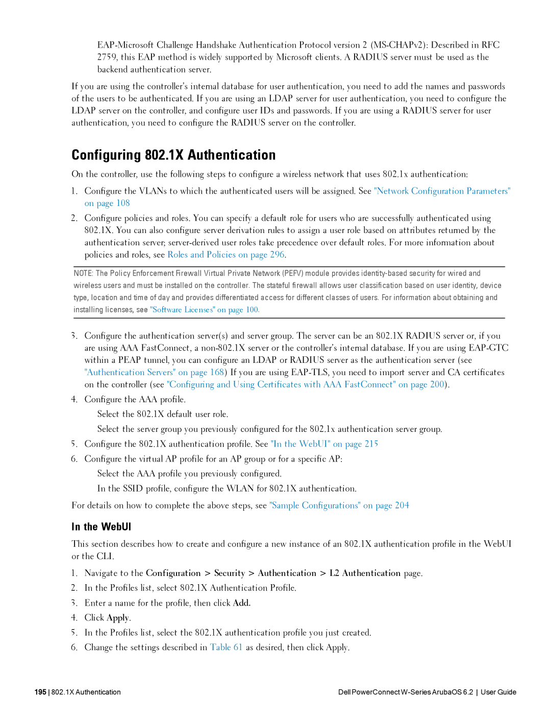 Dell 6.2 manual Configuring 802.1X Authentication, WebUI 