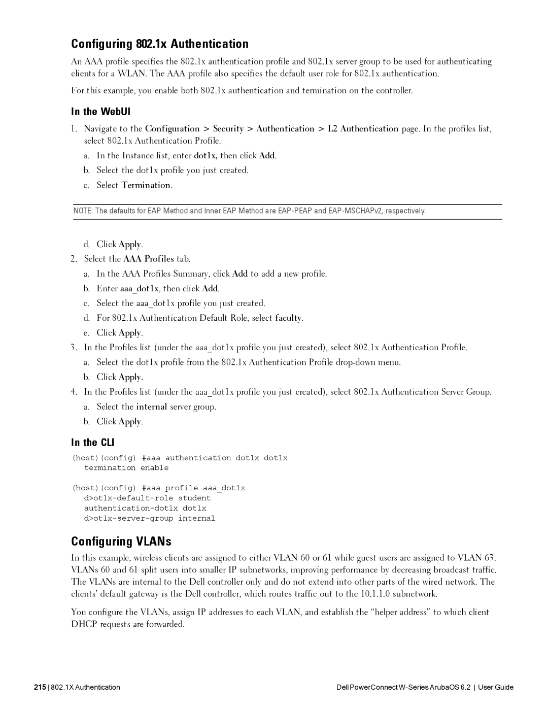 Dell 6.2 manual Configuring 802.1x Authentication, Select Termination 