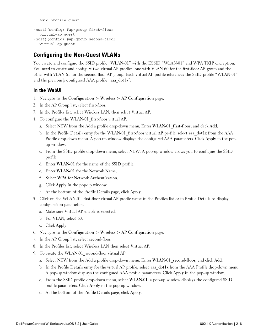 Dell 6.2 manual Configuring the Non-Guest WLANs 