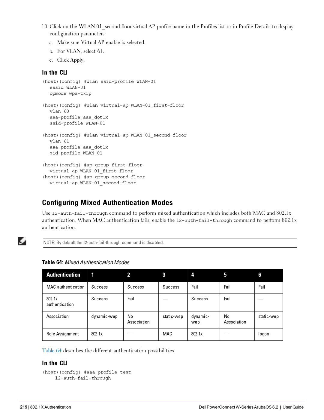 Dell 6.2 manual Configuring Mixed Authentication Modes, Describes the different authentication possibilities, 802.1x Logon 